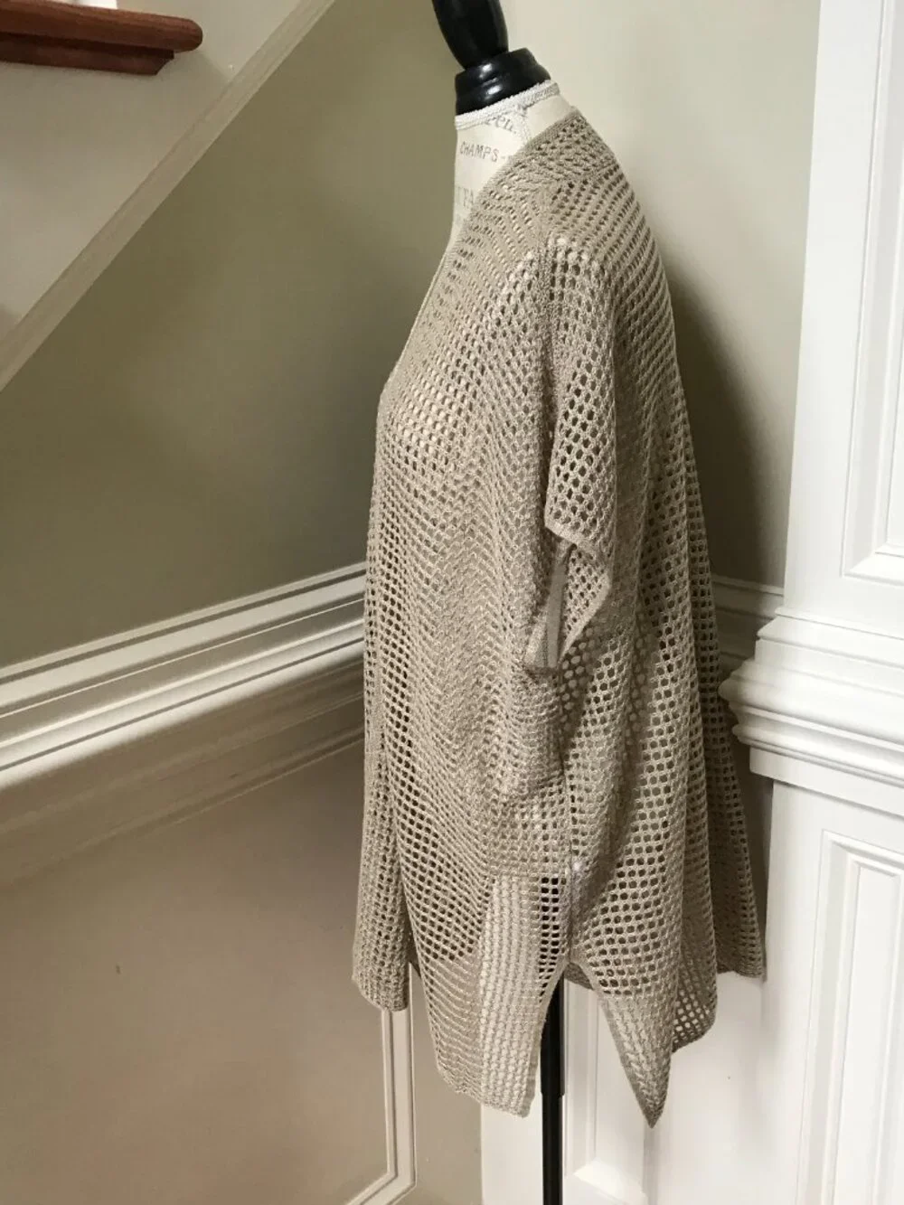 Eileen Fisher Delave Crochet Cardigan Sweater Womens XS Natural Tan Linen Knit